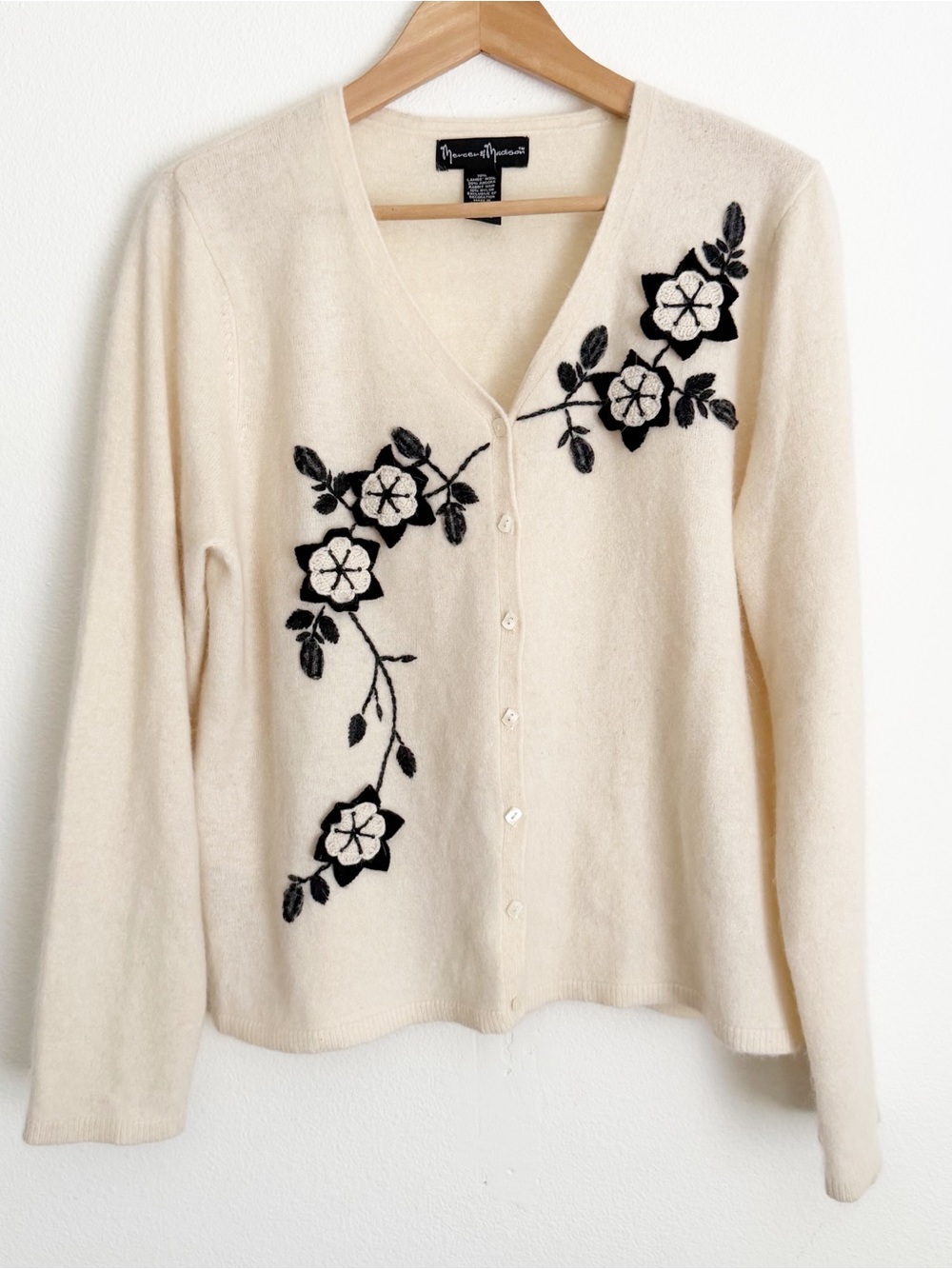 Mercer & Madison Cream Floral Embroidered Cardigan Lambswool Angora Coquette XL
